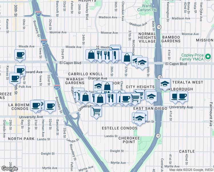 map of restaurants, bars, coffee shops, grocery stores, and more near 4152 Wilson Avenue in San Diego