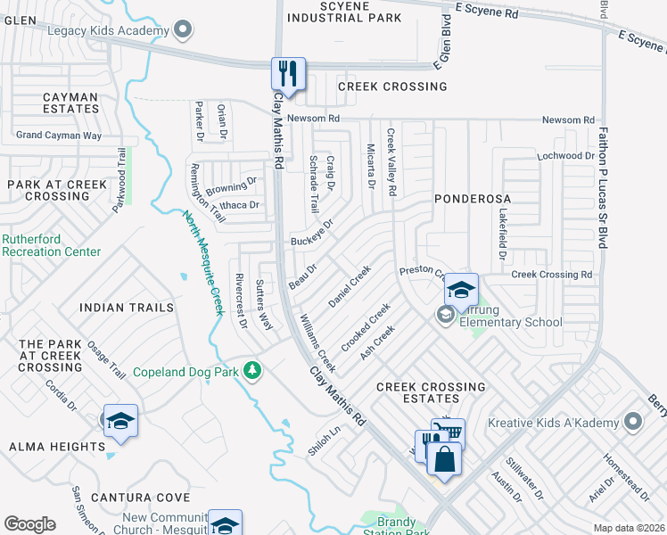 map of restaurants, bars, coffee shops, grocery stores, and more near 2540 Beau Drive in Mesquite