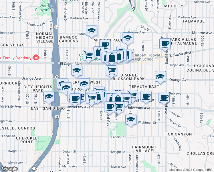 map of restaurants, bars, coffee shops, grocery stores, and more near 4146-48 Fairmount Avenue in San Diego