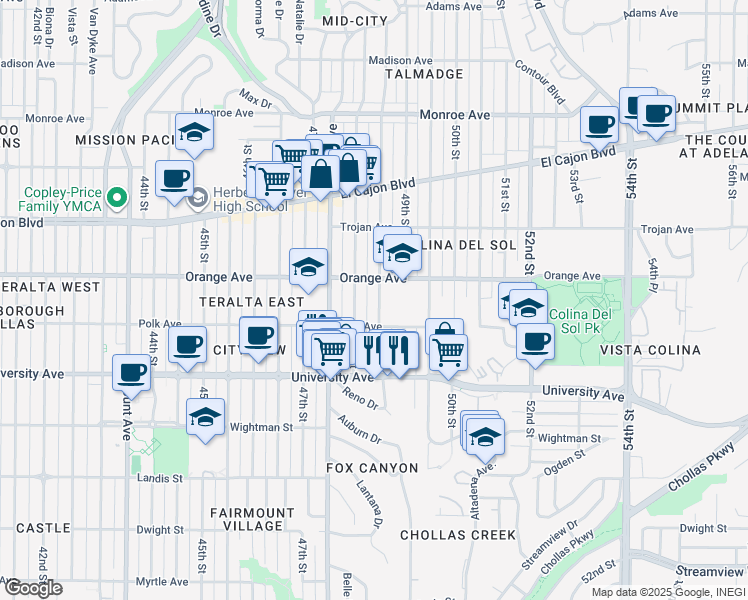 map of restaurants, bars, coffee shops, grocery stores, and more near 4152 Estrella Avenue in San Diego