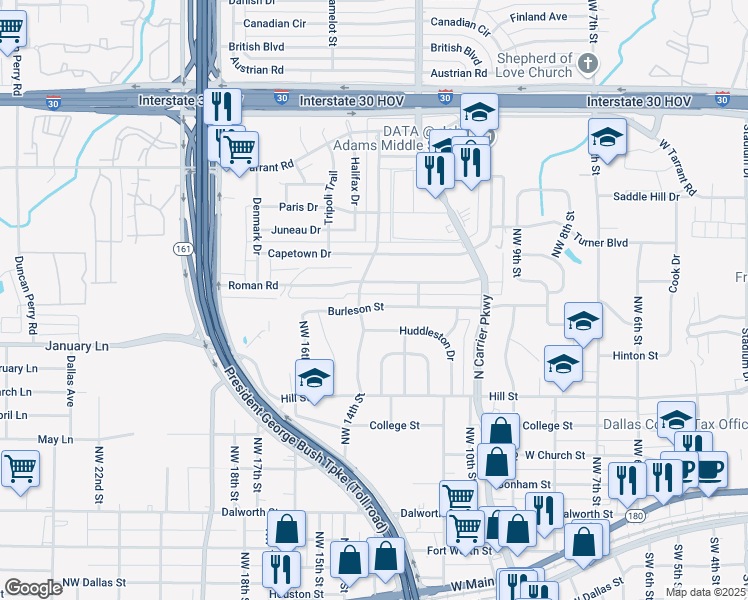 map of restaurants, bars, coffee shops, grocery stores, and more near 1305 Roman Road in Grand Prairie