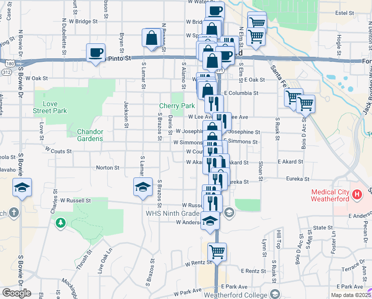 map of restaurants, bars, coffee shops, grocery stores, and more near 208 West Couts Street in Weatherford
