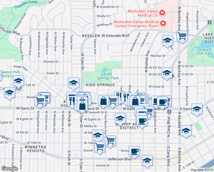map of restaurants, bars, coffee shops, grocery stores, and more near 700 West Canty Street in Dallas