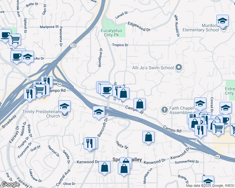 map of restaurants, bars, coffee shops, grocery stores, and more near 4039 Citradora Drive in Spring Valley