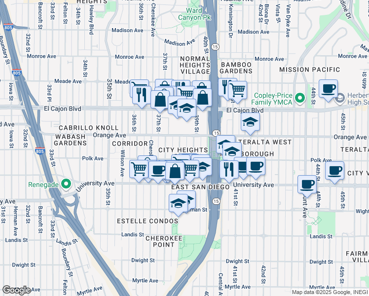 map of restaurants, bars, coffee shops, grocery stores, and more near 4145 38th Street in San Diego