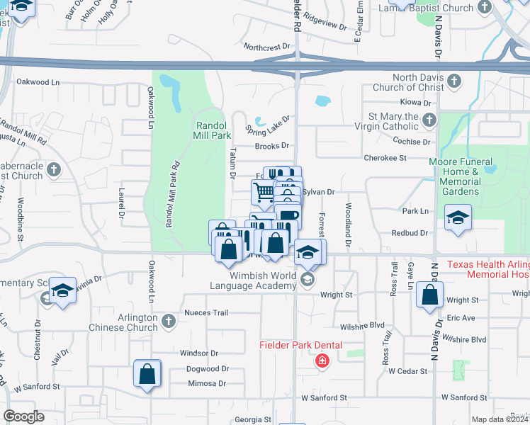map of restaurants, bars, coffee shops, grocery stores, and more near 532 North Fielder Road in Arlington