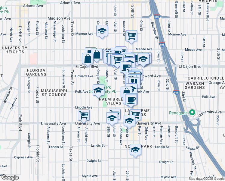 map of restaurants, bars, coffee shops, grocery stores, and more near 2814 Polk Avenue in San Diego