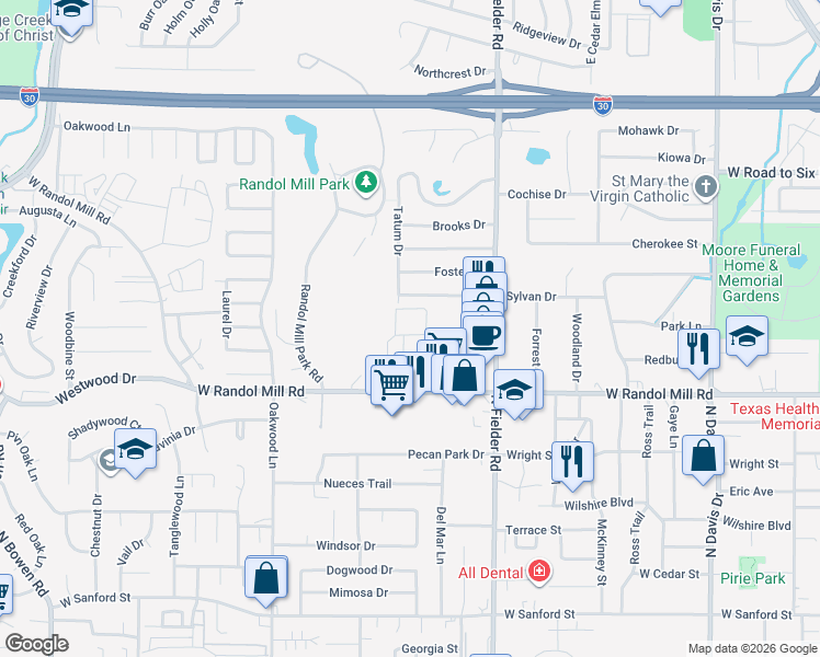 map of restaurants, bars, coffee shops, grocery stores, and more near 1715 Park Vista Drive in Arlington
