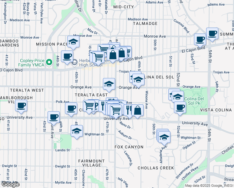 map of restaurants, bars, coffee shops, grocery stores, and more near 4153 Euclid Avenue in San Diego