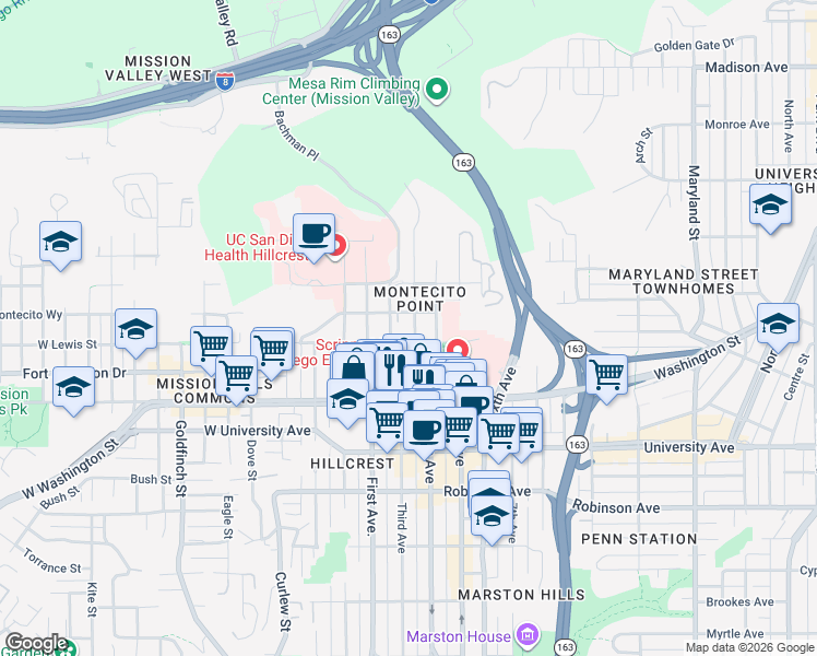 map of restaurants, bars, coffee shops, grocery stores, and more near 4131 Third Avenue in San Diego