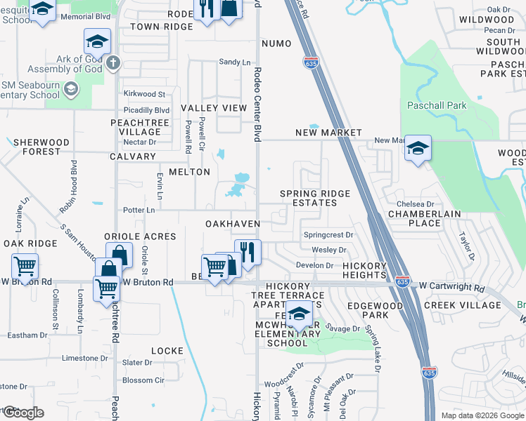map of restaurants, bars, coffee shops, grocery stores, and more near 1222 Rodeo Center Boulevard in Mesquite