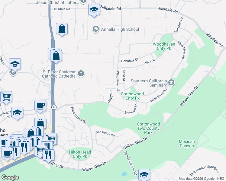 map of restaurants, bars, coffee shops, grocery stores, and more near 2101 Merlyn Place in El Cajon