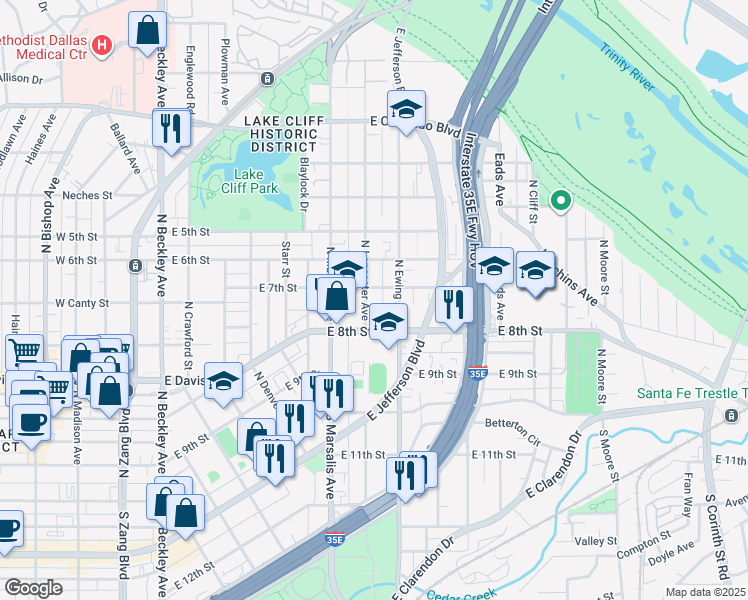 map of restaurants, bars, coffee shops, grocery stores, and more near 330 North Lancaster Avenue in Dallas