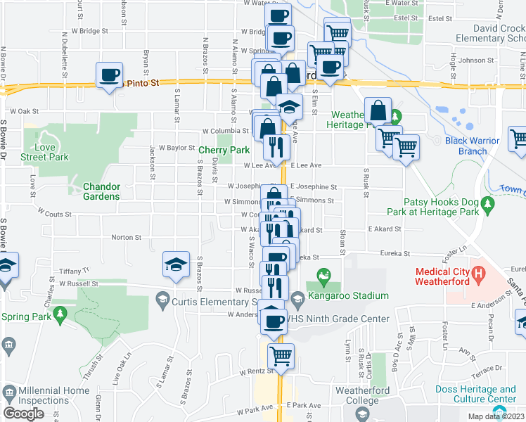 map of restaurants, bars, coffee shops, grocery stores, and more near 116 West Couts Street in Weatherford