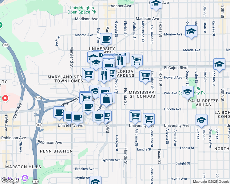 map of restaurants, bars, coffee shops, grocery stores, and more near 4114 Georgia Street in San Diego