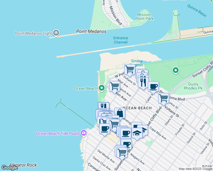 map of restaurants, bars, coffee shops, grocery stores, and more near Brighton Ave & Spray St in San Diego