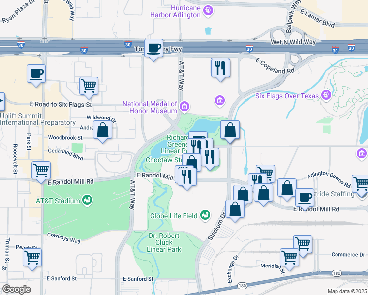 map of restaurants, bars, coffee shops, grocery stores, and more near 1000 Ballpark Way in Arlington