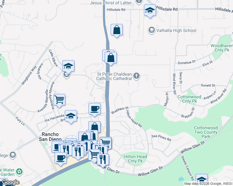 map of restaurants, bars, coffee shops, grocery stores, and more near 2120 Greencrest Drive in El Cajon