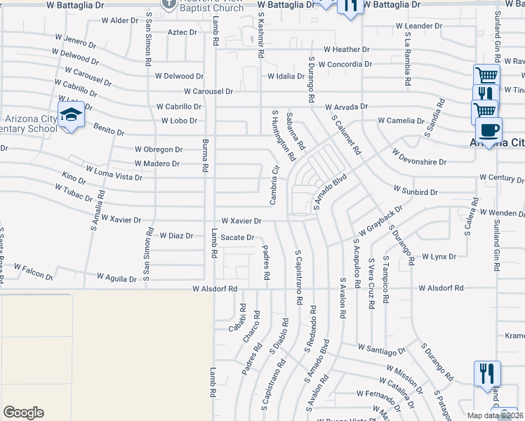 map of restaurants, bars, coffee shops, grocery stores, and more near 10934 Cambria Circle in Arizona City