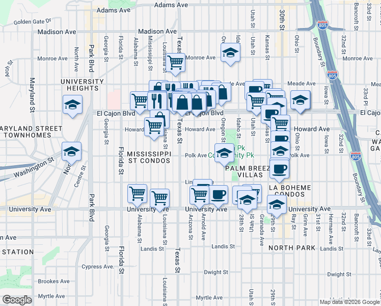 map of restaurants, bars, coffee shops, grocery stores, and more near 4114 1/2 Arizona Street in San Diego