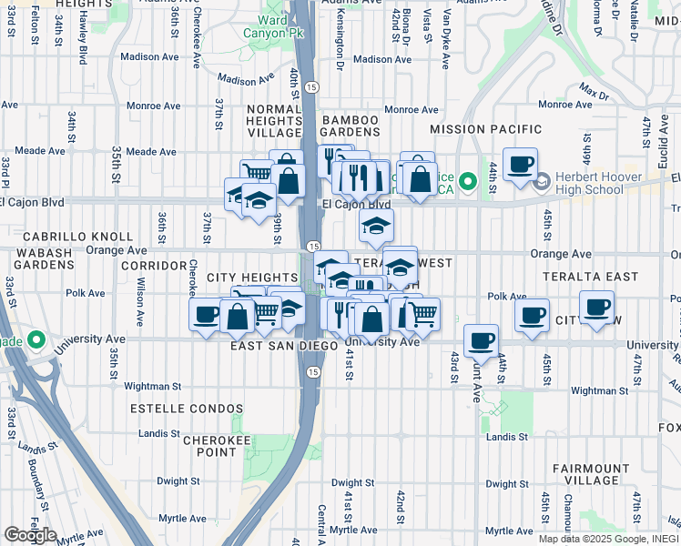 map of restaurants, bars, coffee shops, grocery stores, and more near 4150 41st Street in San Diego