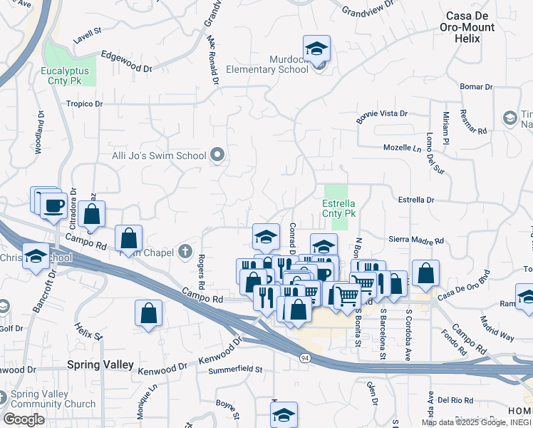 map of restaurants, bars, coffee shops, grocery stores, and more near 4133 Rogers Lane in Spring Valley
