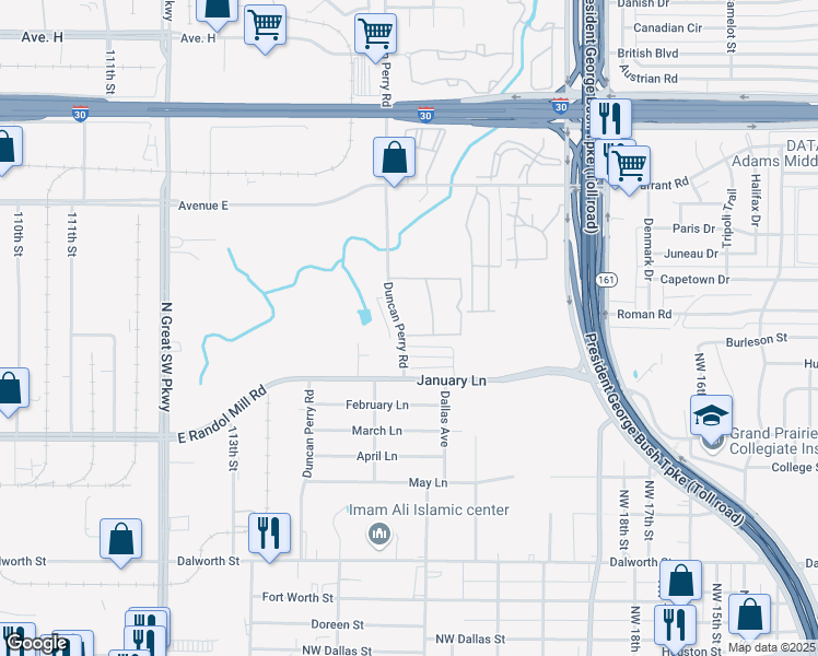 map of restaurants, bars, coffee shops, grocery stores, and more near 970 Duncan Perry Road in Grand Prairie
