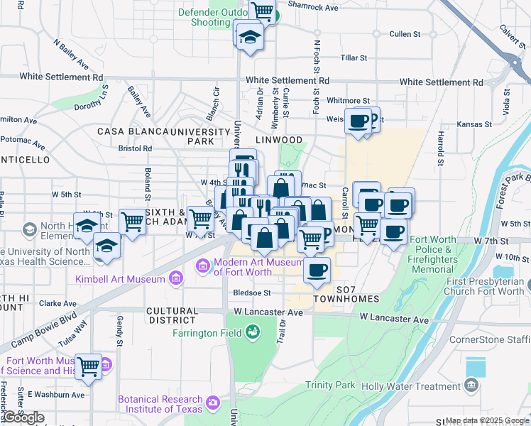 map of restaurants, bars, coffee shops, grocery stores, and more near 2912 West 6th Street in Fort Worth