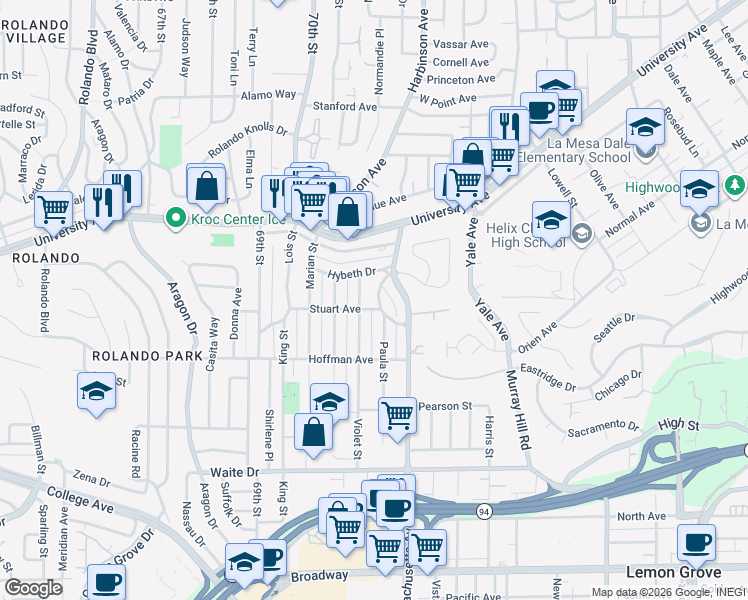 map of restaurants, bars, coffee shops, grocery stores, and more near 4138 Blackton Drive in La Mesa