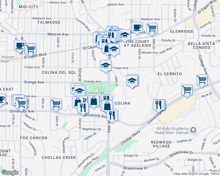 map of restaurants, bars, coffee shops, grocery stores, and more near 196 54th Place in San Diego