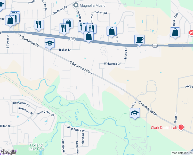 map of restaurants, bars, coffee shops, grocery stores, and more near 1608 East Bankhead Drive in Weatherford