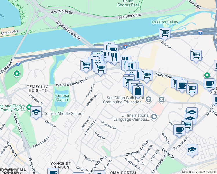 map of restaurants, bars, coffee shops, grocery stores, and more near 3116 Groton Way in San Diego