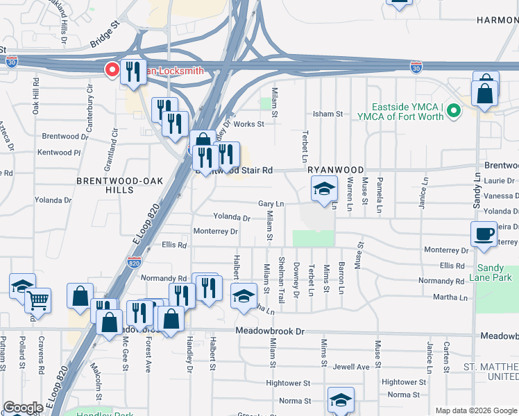 map of restaurants, bars, coffee shops, grocery stores, and more near 6816 Gary Lane in Fort Worth