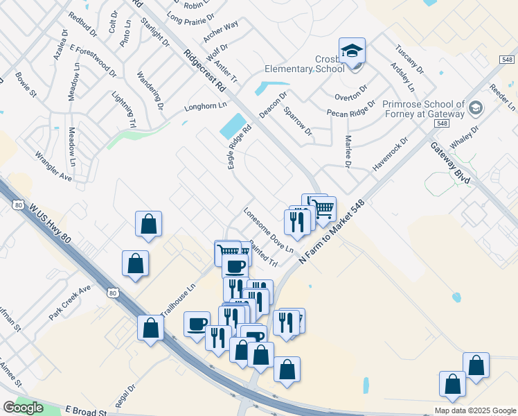 map of restaurants, bars, coffee shops, grocery stores, and more near 100 Lonesome Dove Lane in Forney