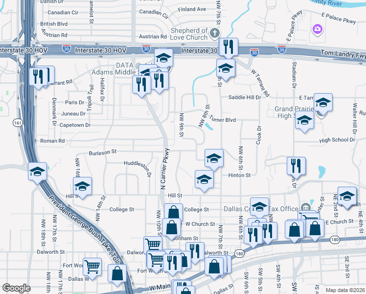 map of restaurants, bars, coffee shops, grocery stores, and more near 822 Burleson Street in Grand Prairie