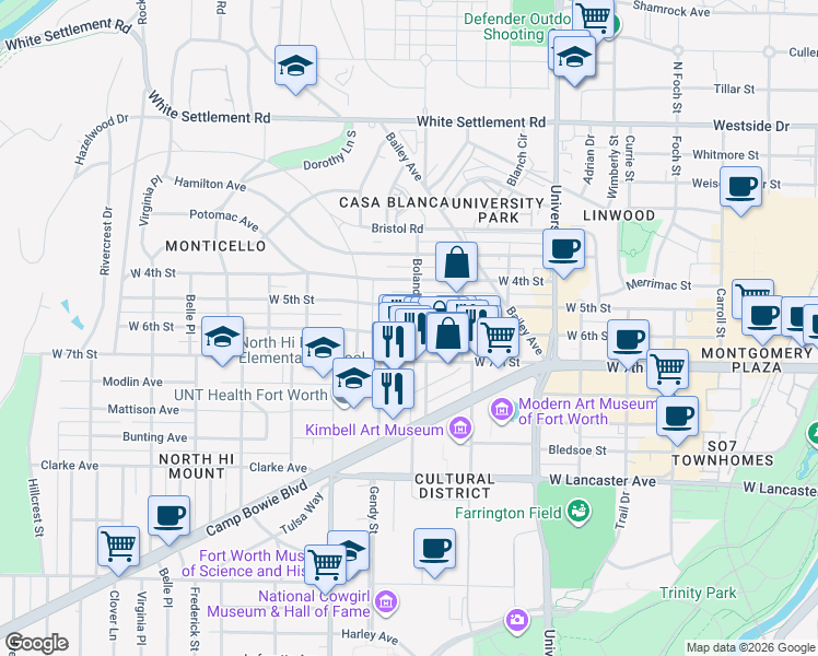 map of restaurants, bars, coffee shops, grocery stores, and more near 3404 West 6th Street in Fort Worth