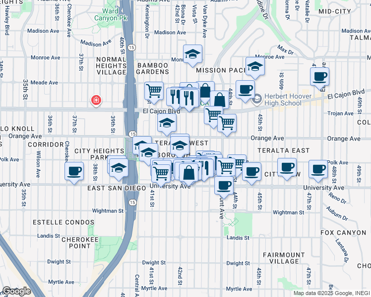 map of restaurants, bars, coffee shops, grocery stores, and more near 4153 42nd Street in San Diego