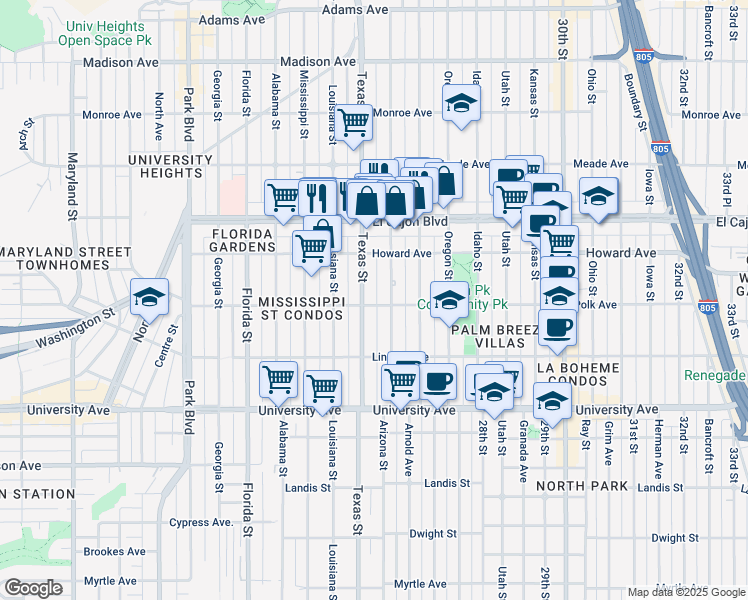 map of restaurants, bars, coffee shops, grocery stores, and more near Polk Avenue in San Diego