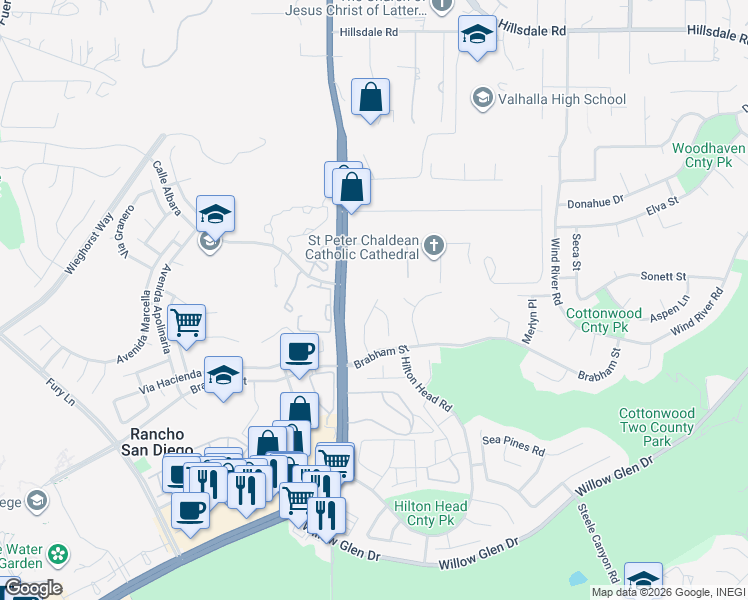 map of restaurants, bars, coffee shops, grocery stores, and more near 2120 Greencrest Drive in El Cajon
