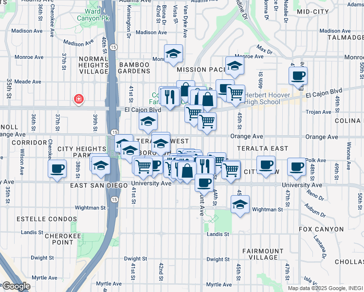 map of restaurants, bars, coffee shops, grocery stores, and more near 4159 43rd Street in San Diego