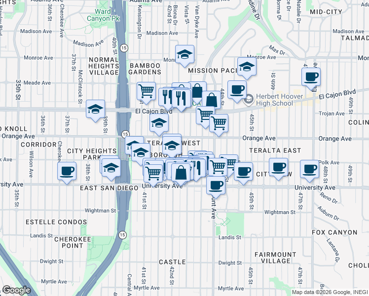 map of restaurants, bars, coffee shops, grocery stores, and more near 4156 Van Dyke Avenue in San Diego