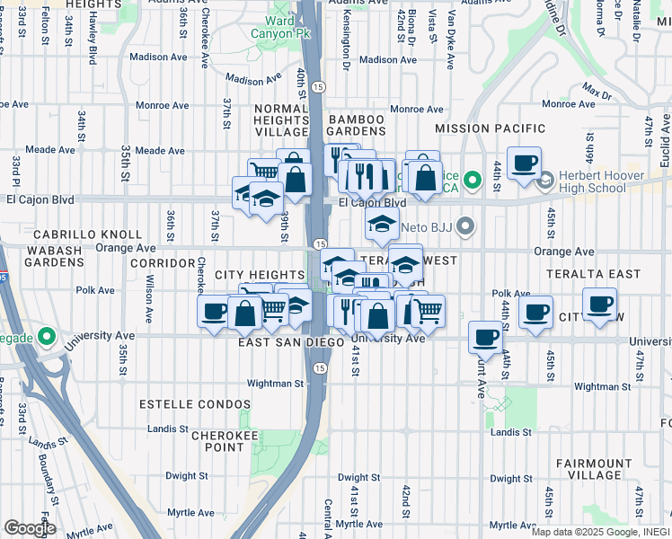 map of restaurants, bars, coffee shops, grocery stores, and more near 4155 1/2 Central Avenue in San Diego