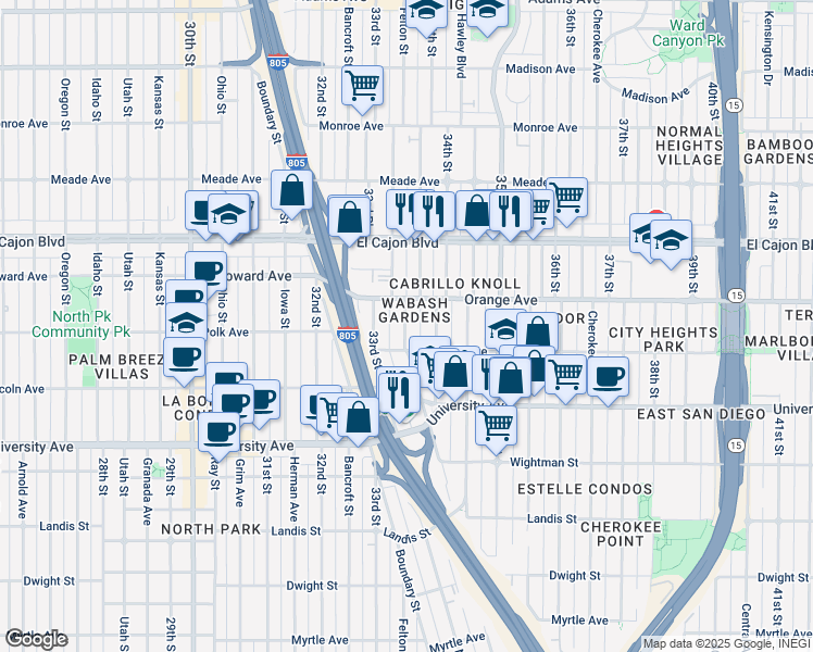 map of restaurants, bars, coffee shops, grocery stores, and more near 4149 Wabash Avenue in San Diego