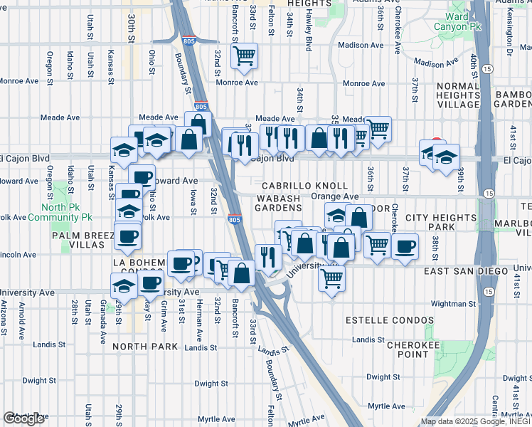 map of restaurants, bars, coffee shops, grocery stores, and more near 4149 Wabash Avenue in San Diego