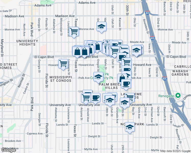 map of restaurants, bars, coffee shops, grocery stores, and more near 2640 Polk Avenue in San Diego