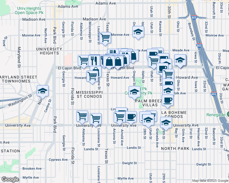 map of restaurants, bars, coffee shops, grocery stores, and more near 4114 1/2 Arizona Street in San Diego