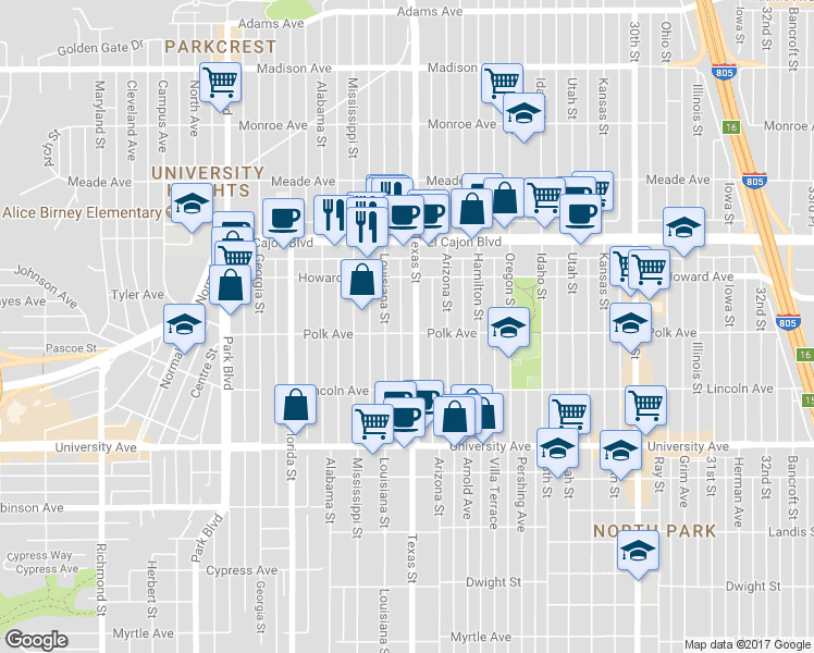 map of restaurants, bars, coffee shops, grocery stores, and more near 4121 Louisiana Street in San Diego