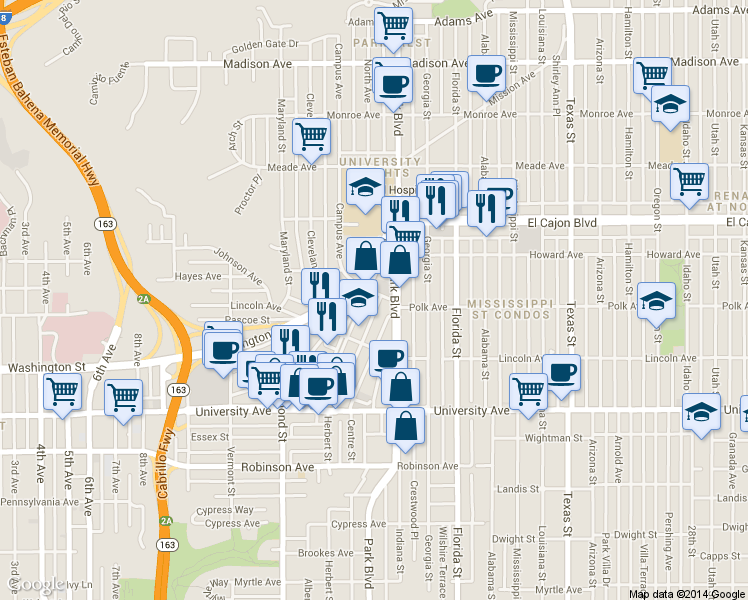 map of restaurants, bars, coffee shops, grocery stores, and more near in San Diego
