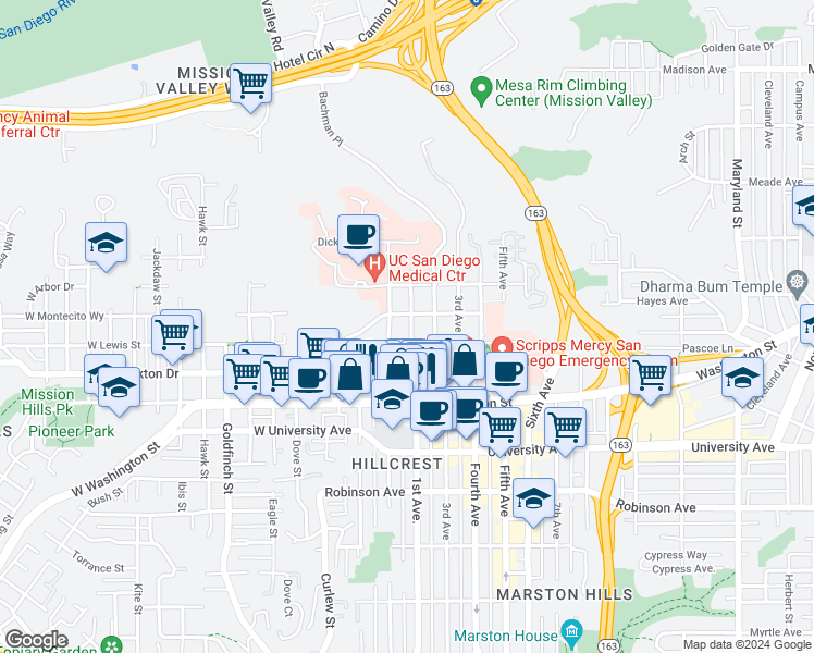 map of restaurants, bars, coffee shops, grocery stores, and more near 4130 Front Street in San Diego