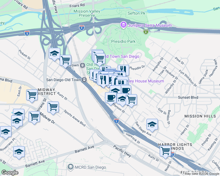 map of restaurants, bars, coffee shops, grocery stores, and more near 2497 San Diego Avenue in San Diego